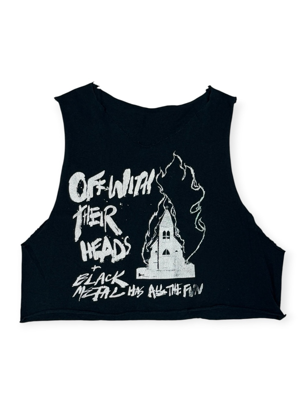 Black crop tank top with white graphic of a burning church